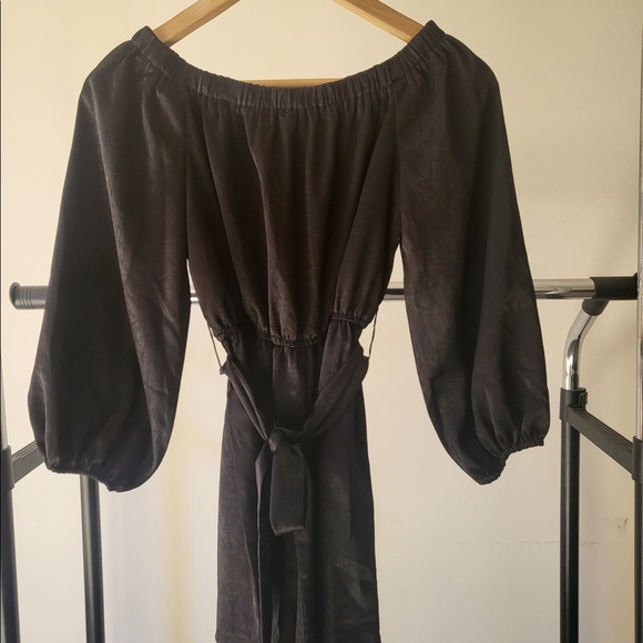 Off the Shoulder Black Satin Romper - Picture 2 of 4